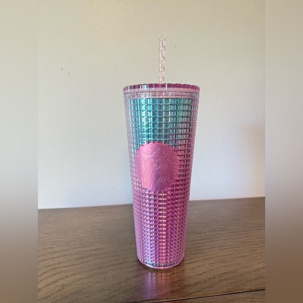 Starbucks Iridescent Teal-to-Pink Studded Tumbler with Pink Logo